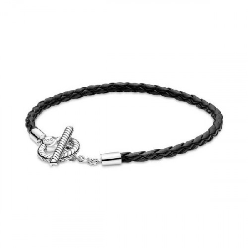 Pulsera Pandora Moments plata 925 y Cuero Trenzado con Cierre en forma de T de 19cm