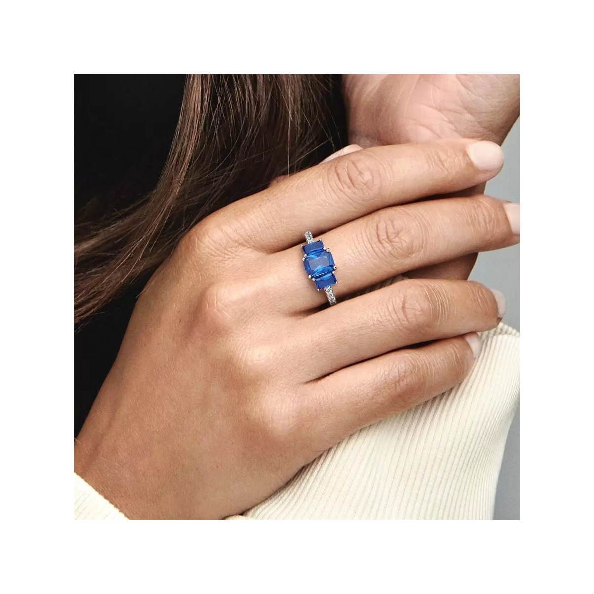 Anillo Pandora plata 925 Brillante Tres Gemas Azules Rectangulares talla 54