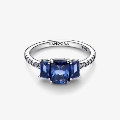 Anillo Pandora plata 925 Brillante Tres Gemas Azules Rectangulares talla 54