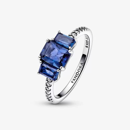 Anillo Pandora plata 925 Brillante Tres Gemas Azules Rectangulares talla 54