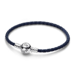 Pulsera Pandora Moments de Cuero Trenzado Azul con Cierre Redondo de plata 925 de 17.5cm