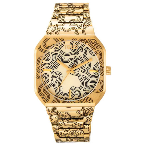 Reloj analógico con brazalete grabado de acero dorado Lit