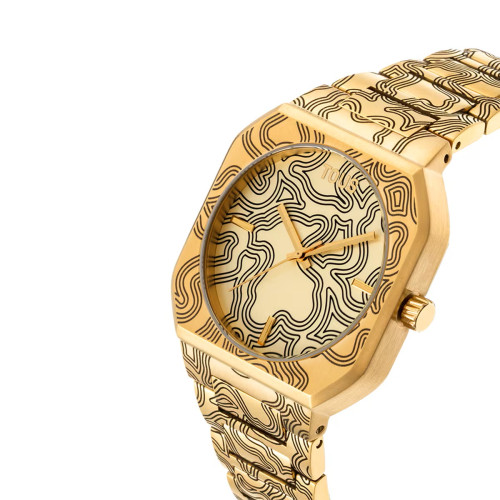 Reloj analógico con brazalete grabado de acero dorado Lit
