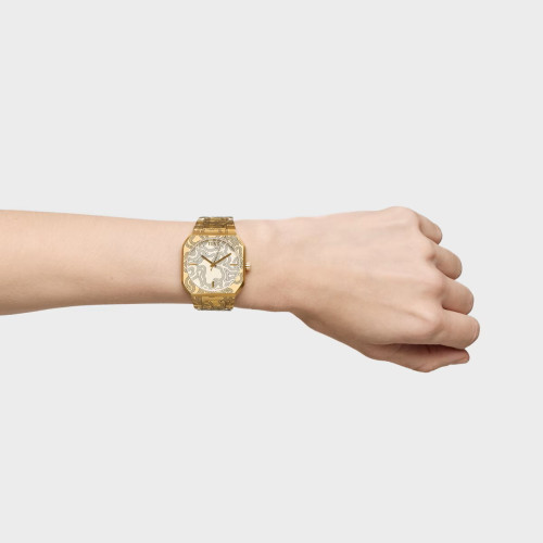 Reloj analógico con brazalete grabado de acero dorado Lit