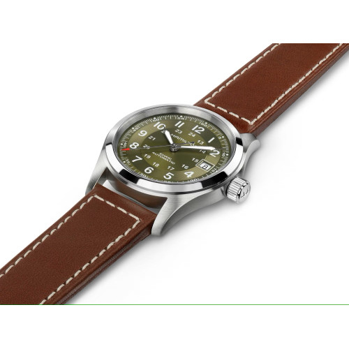 Reloj Hamilton Khaki Auto 38mm correa marrón y esfera verde