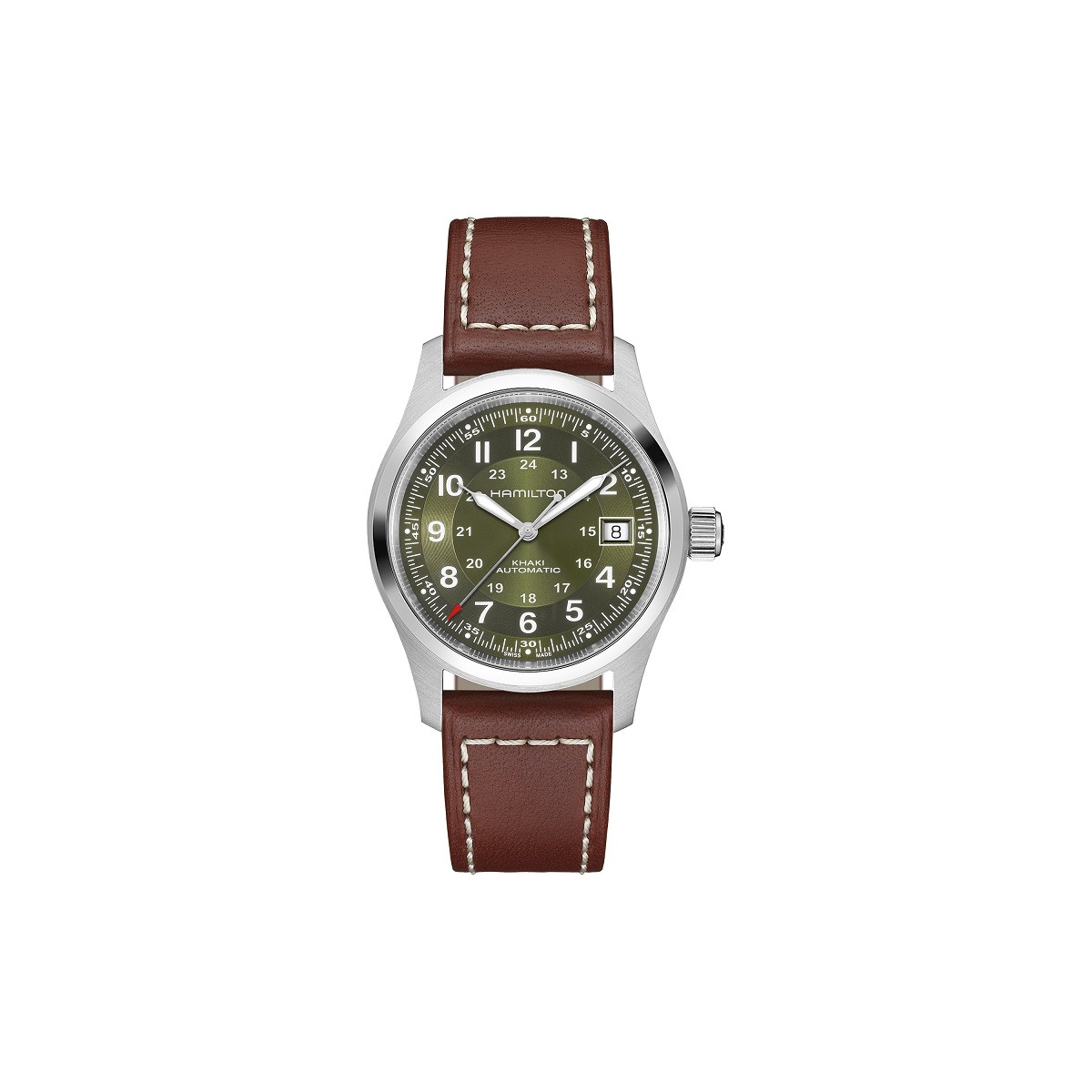 Reloj Hamilton Khaki Auto 38mm correa marrón y esfera verde