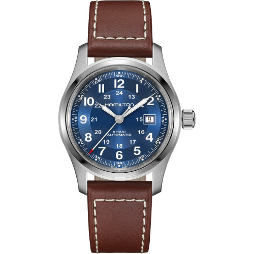 Reloj Hamilton Khaki Auto 42mm correa marrón y esfera azul