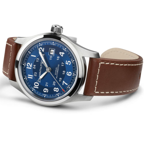 Reloj Hamilton Khaki Auto 42mm correa marrón y esfera azul