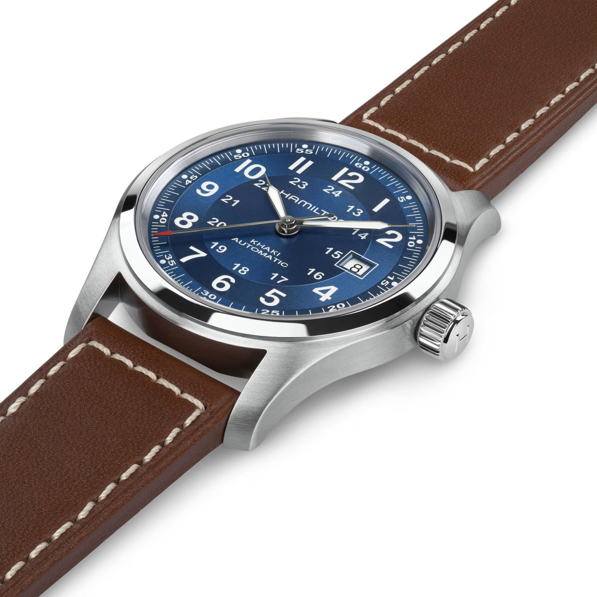 Reloj Hamilton Khaki Auto 42mm correa marrón y esfera azul