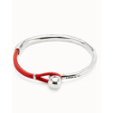 Pulsera Unode50  ¨Ser intrépida¨ unisex plateada y cuero rojo coral talla M