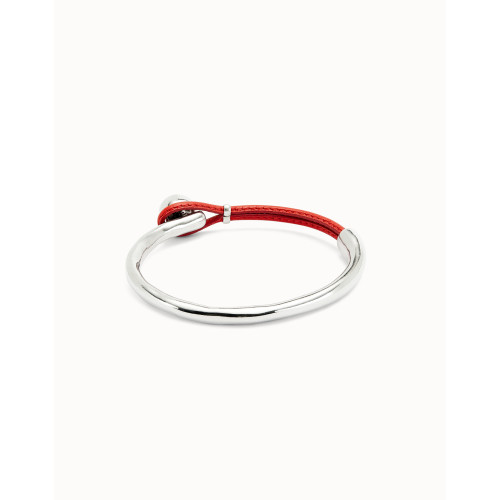 Pulsera Unode50  ¨Ser intrépida¨ unisex plateada y cuero rojo coral talla M