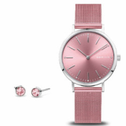 Set reloj Bering Charity rosa 34mm y pendientes de acero