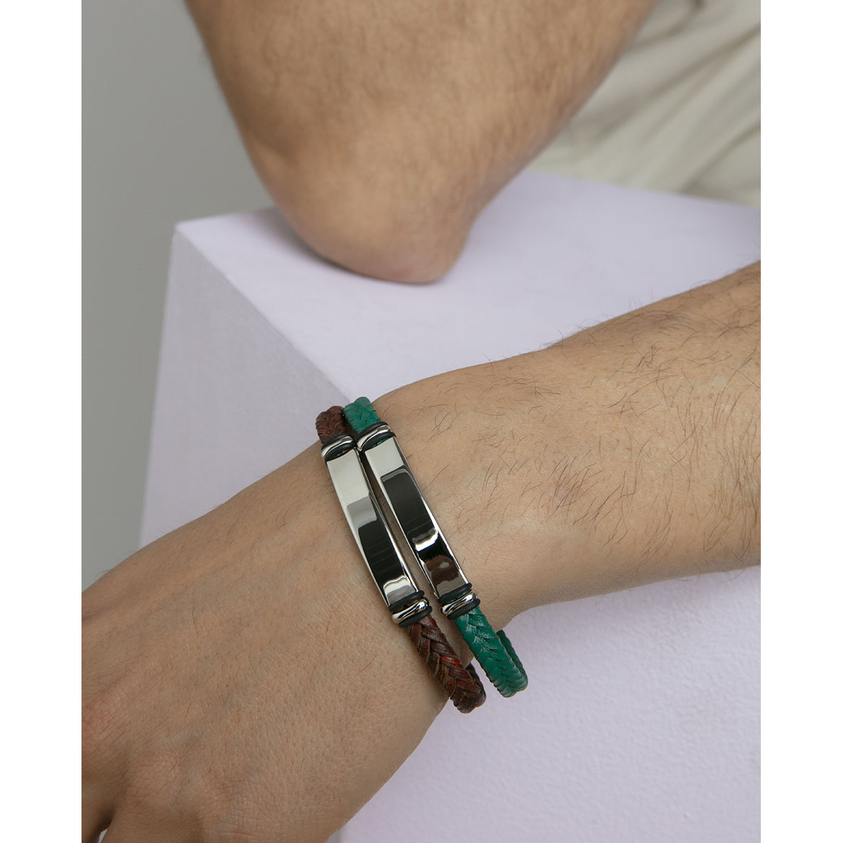 Pulsera Viceroy Fashion unisex acero y cuero verde trenzado