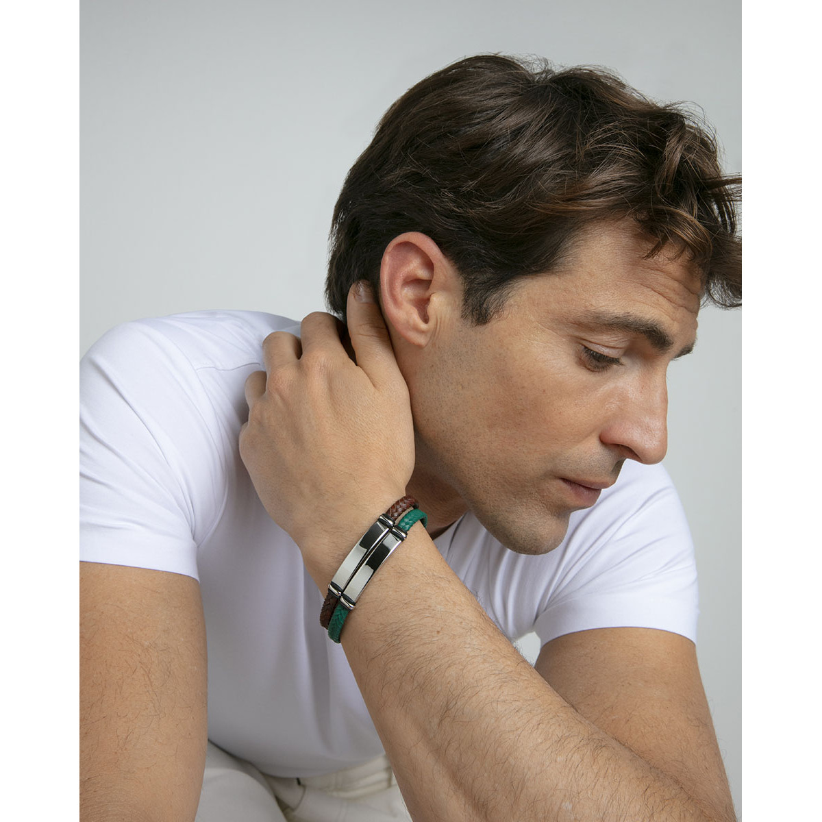 Pulsera Viceroy Fashion unisex acero y cuero verde trenzado