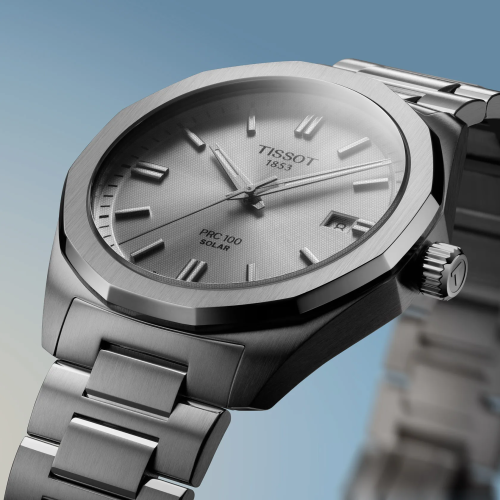 Reloj Tissot PRC 100 Solar Quartz 39mm para hombre y mujer con esfera gris plata