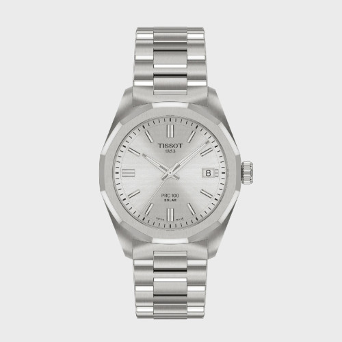 Reloj Tissot PRC 100 Solar Quartz 34mm para mujer con esfera gris plata