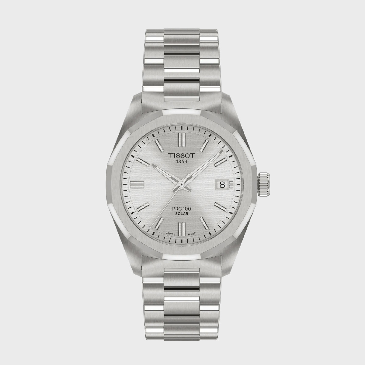 Reloj Tissot PRC 100 Solar Quartz 34mm para mujer con esfera gris plata