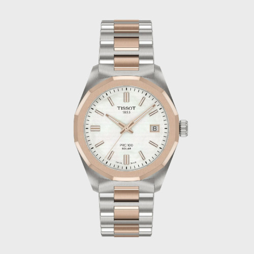 Reloj Tissot PRC 100 Solar Quartz 34mm bicolor para mujer con esfera madreperla