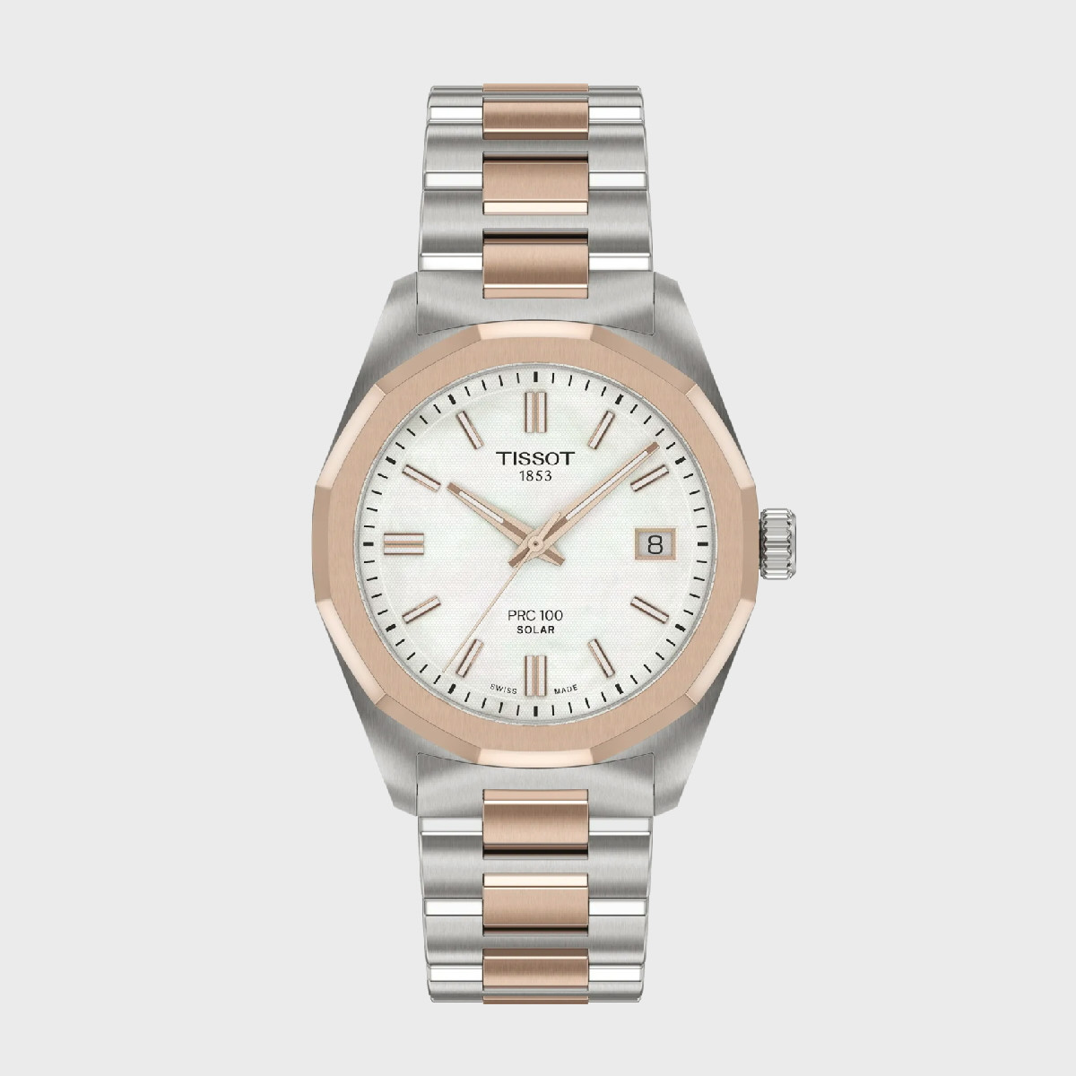 Reloj Tissot PRC 100 Solar Quartz 34mm bicolor para mujer con esfera madreperla