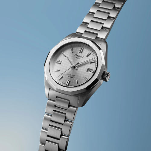 Reloj Tissot PRC 100 Solar Quartz 34mm para mujer con esfera gris plata