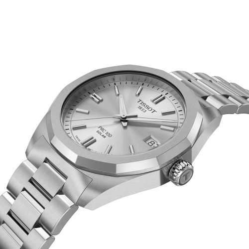 Reloj Tissot PRC 100 Solar Quartz 34mm para mujer con esfera gris plata