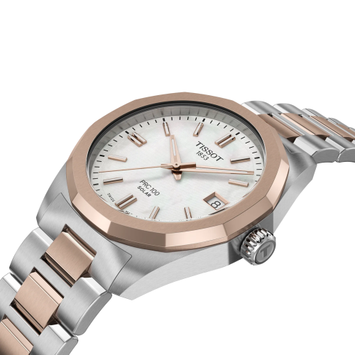 Reloj Tissot PRC 100 Solar Quartz 34mm bicolor para mujer con esfera madreperla