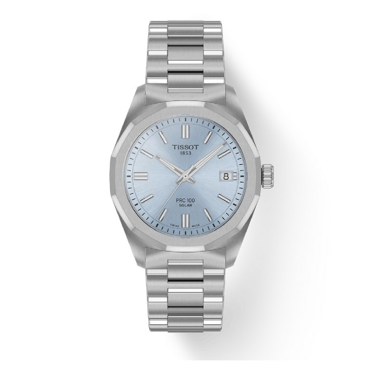 Reloj Tissot PRC 100 Solar Quartz 34mm para mujer con esfera azul clarito