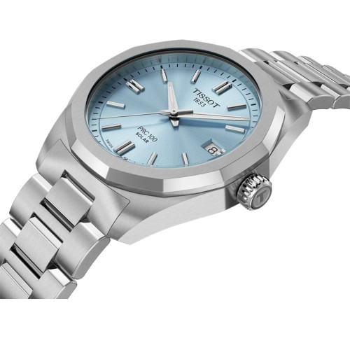 Reloj Tissot PRC 100 Solar Quartz 34mm para mujer con esfera azul clarito