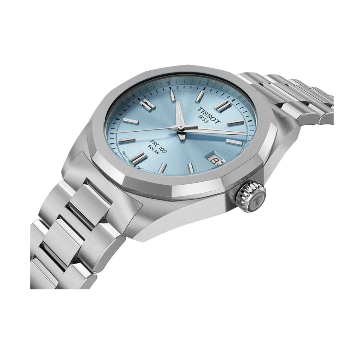 Reloj Tissot PRC 100 Solar Quartz 34mm para mujer con esfera azul clarito