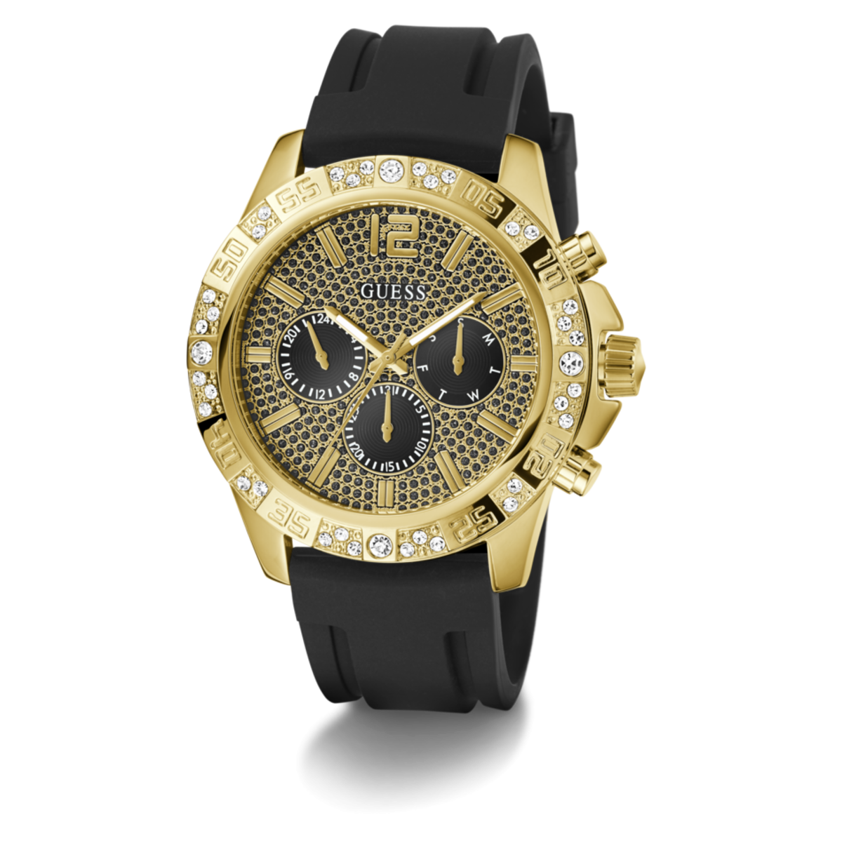 Reloj Guess Majestic 48mm dorado correa silicona negra