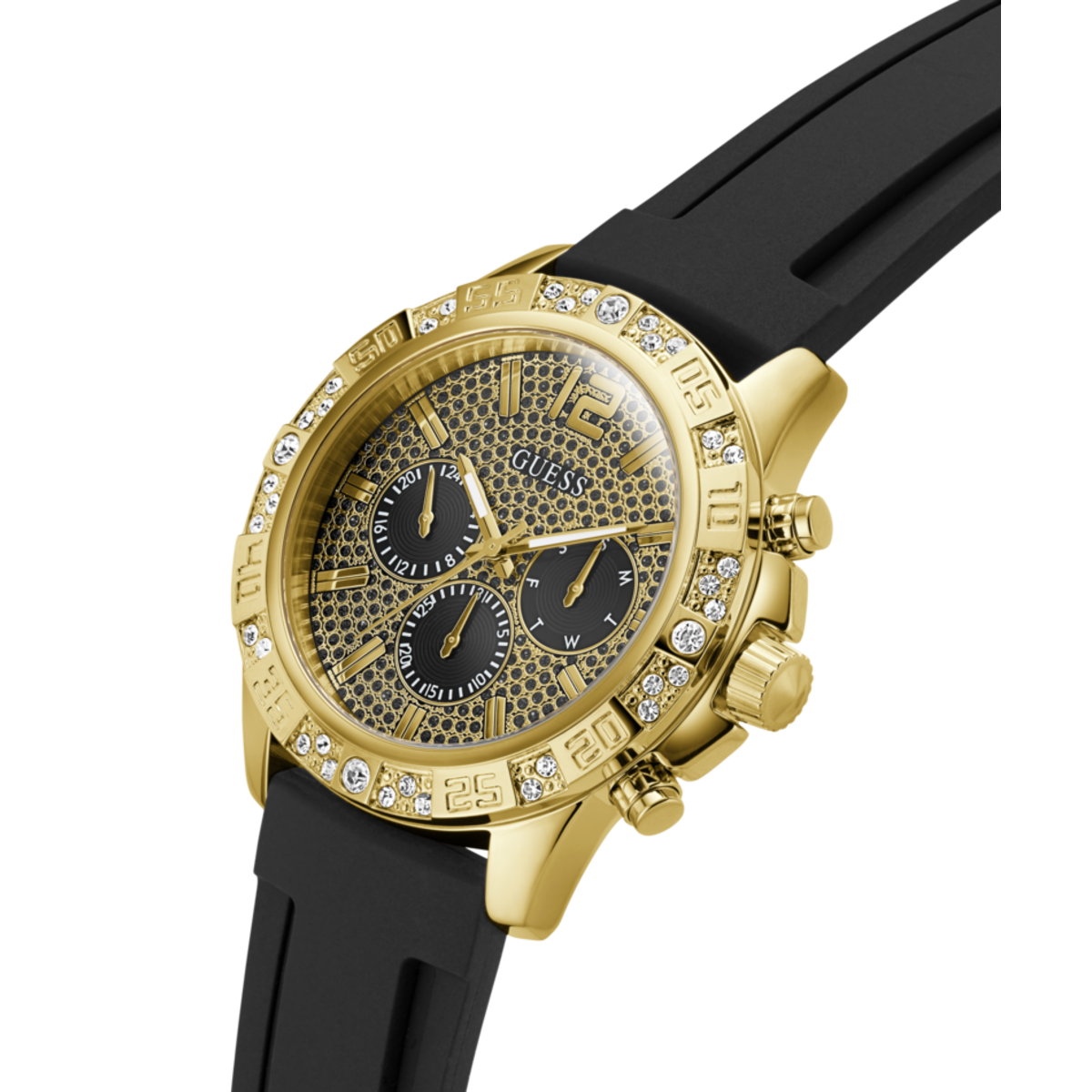 Reloj Guess Majestic 48mm dorado correa silicona negra