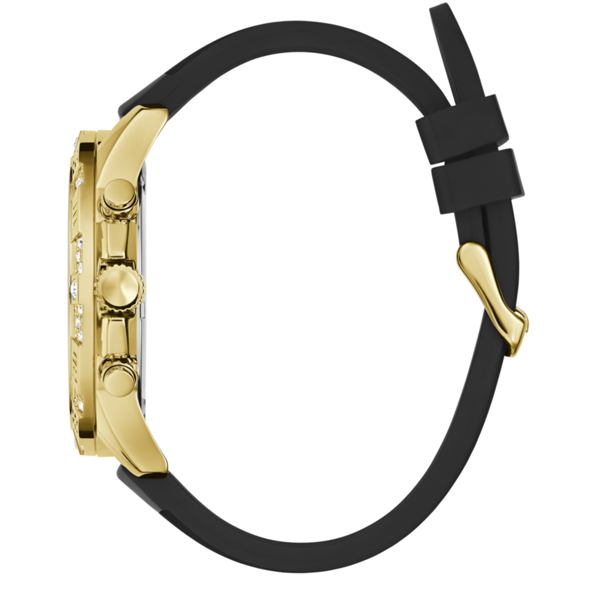 Reloj Guess Majestic 48mm dorado correa silicona negra