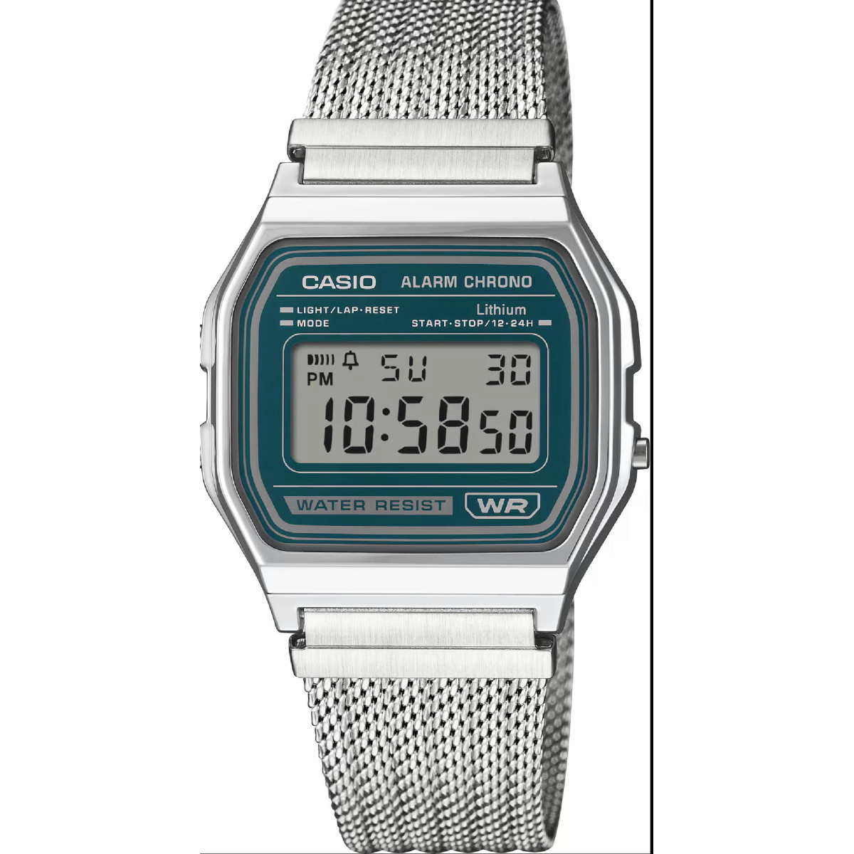 Reloj Casio digital retro esfera verde y brazalete milanés.