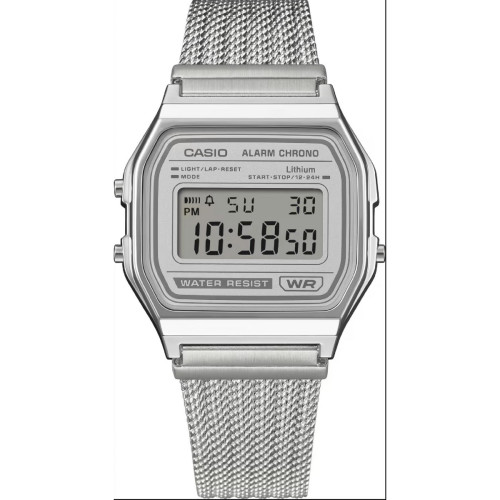 Reloj Casio digital retro esfera verde y brazalete milanés esfera gris
