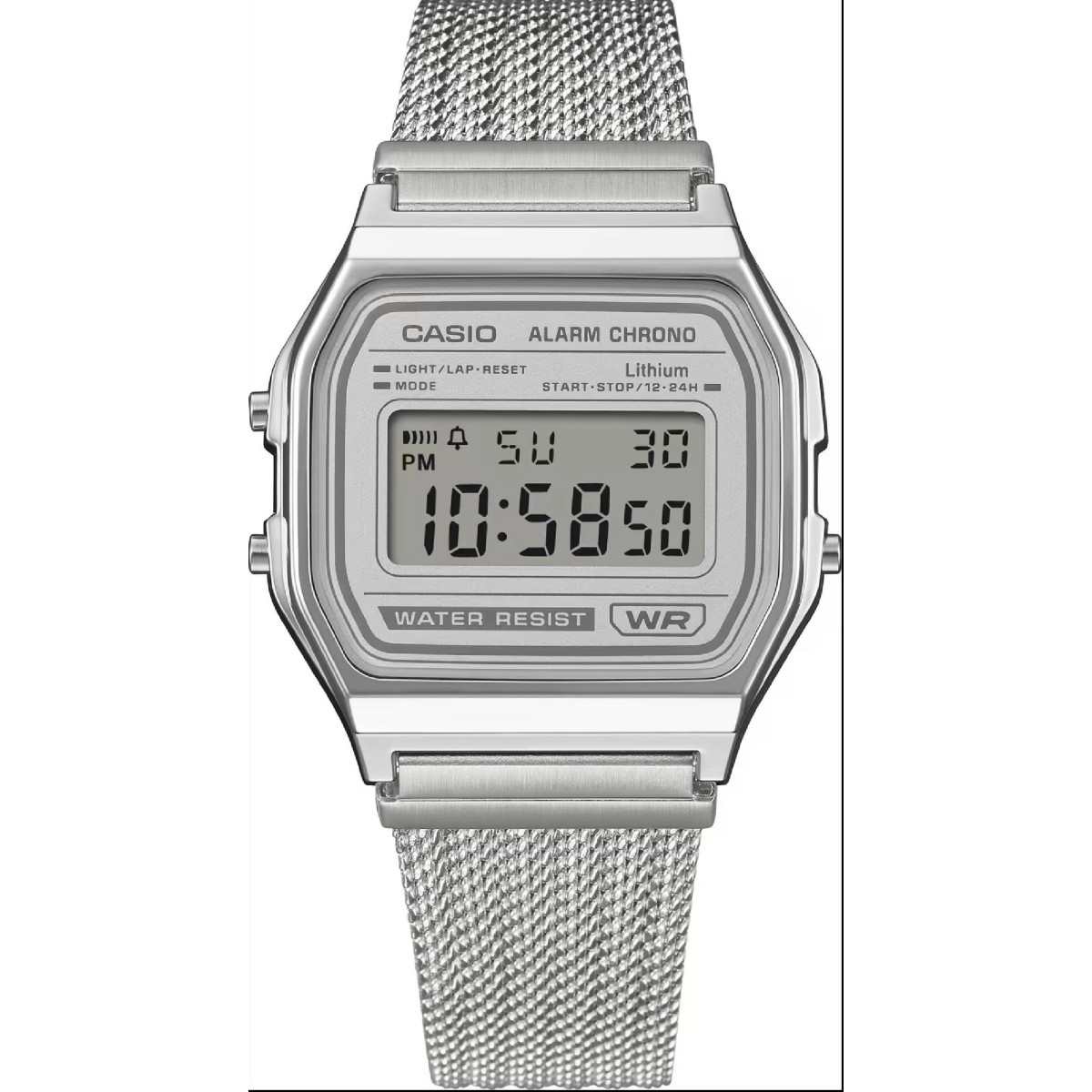 Reloj Casio digital retro esfera verde y brazalete milanés esfera gris