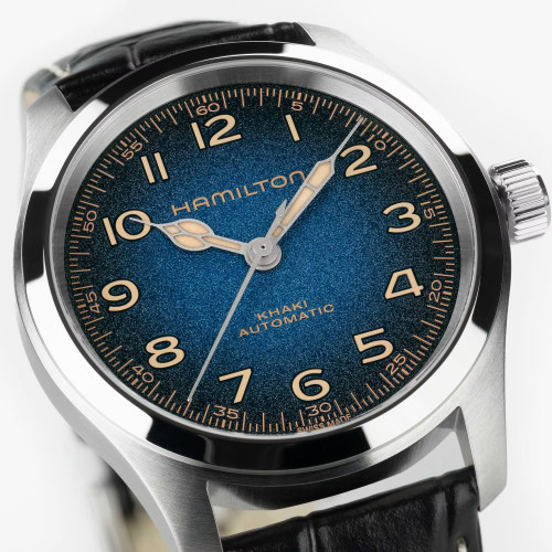 Reloj Hamilton Khaki Field Murph Auto 38mm correa de piel y esfera azul degradada