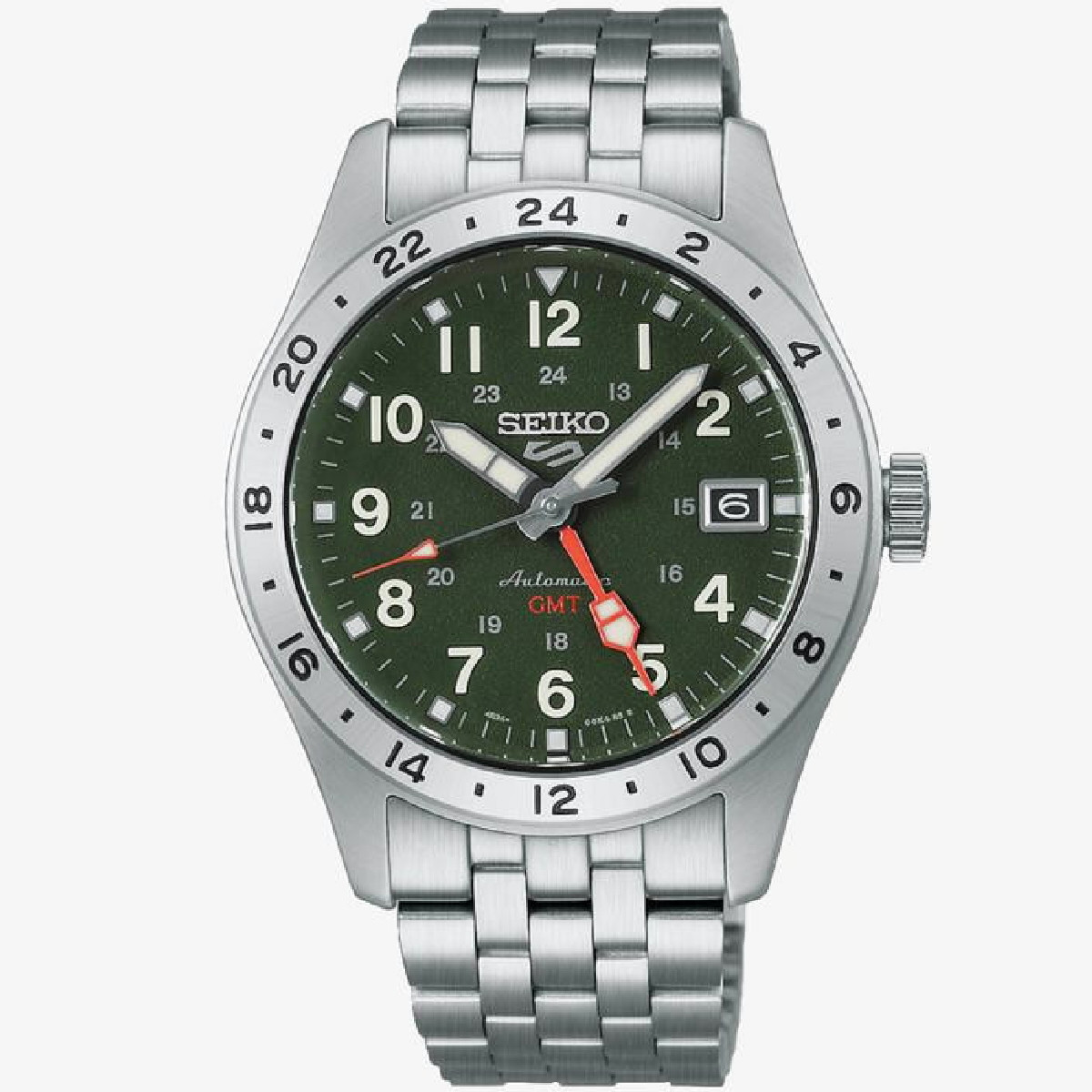 Reloj Seiko 5 Sports Field deportivo GMT esfera verde