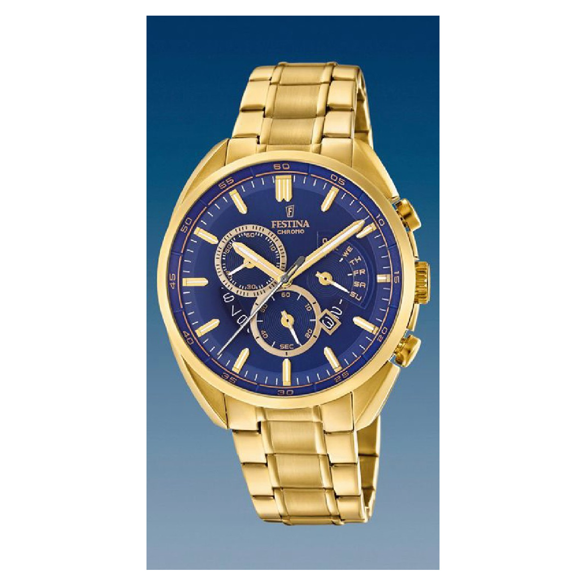 Reloj Hombre Acero Ip Dorado Festina Cronógrafo Esfera Azul.